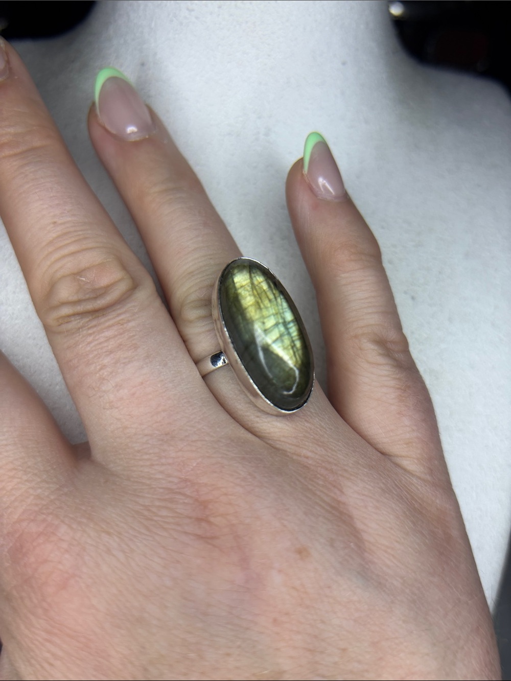 Labradorite Oval Statement Ring in Green - Unbranded